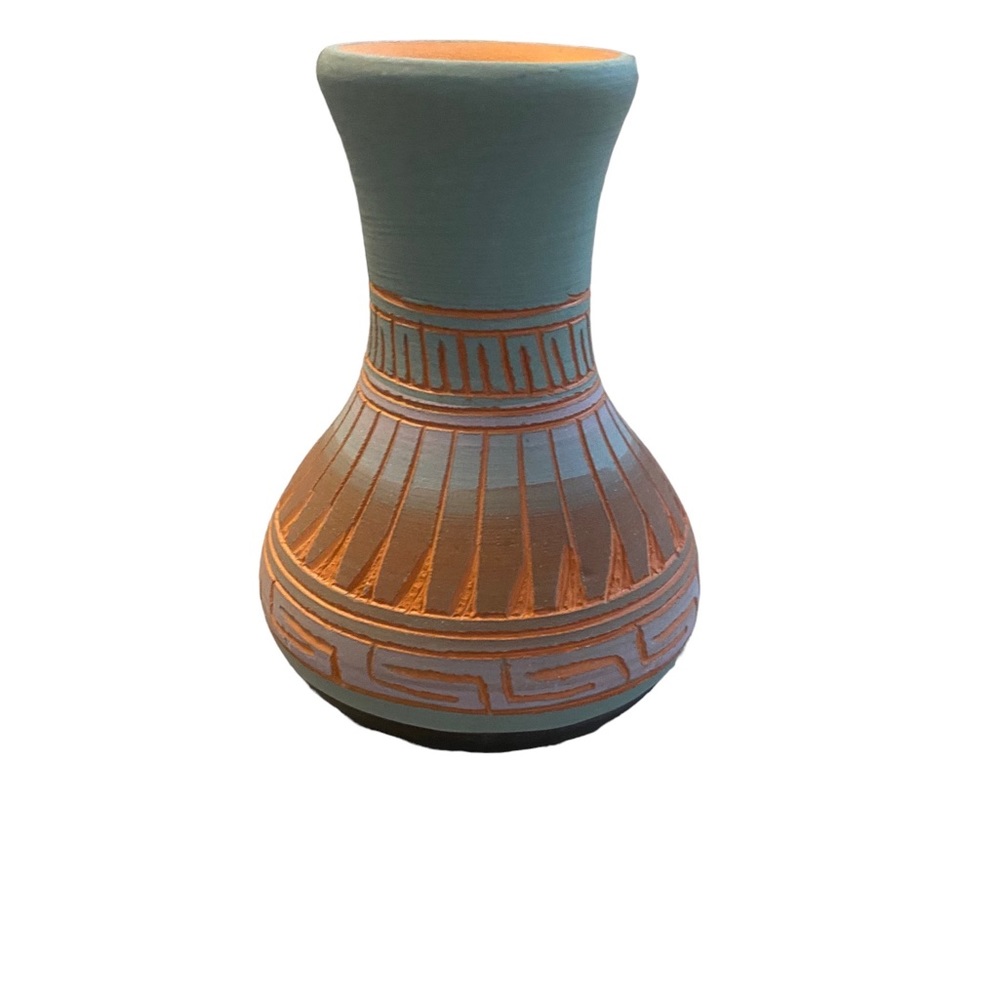 Michael Charlie pottery turquoise and orange and gray feather design